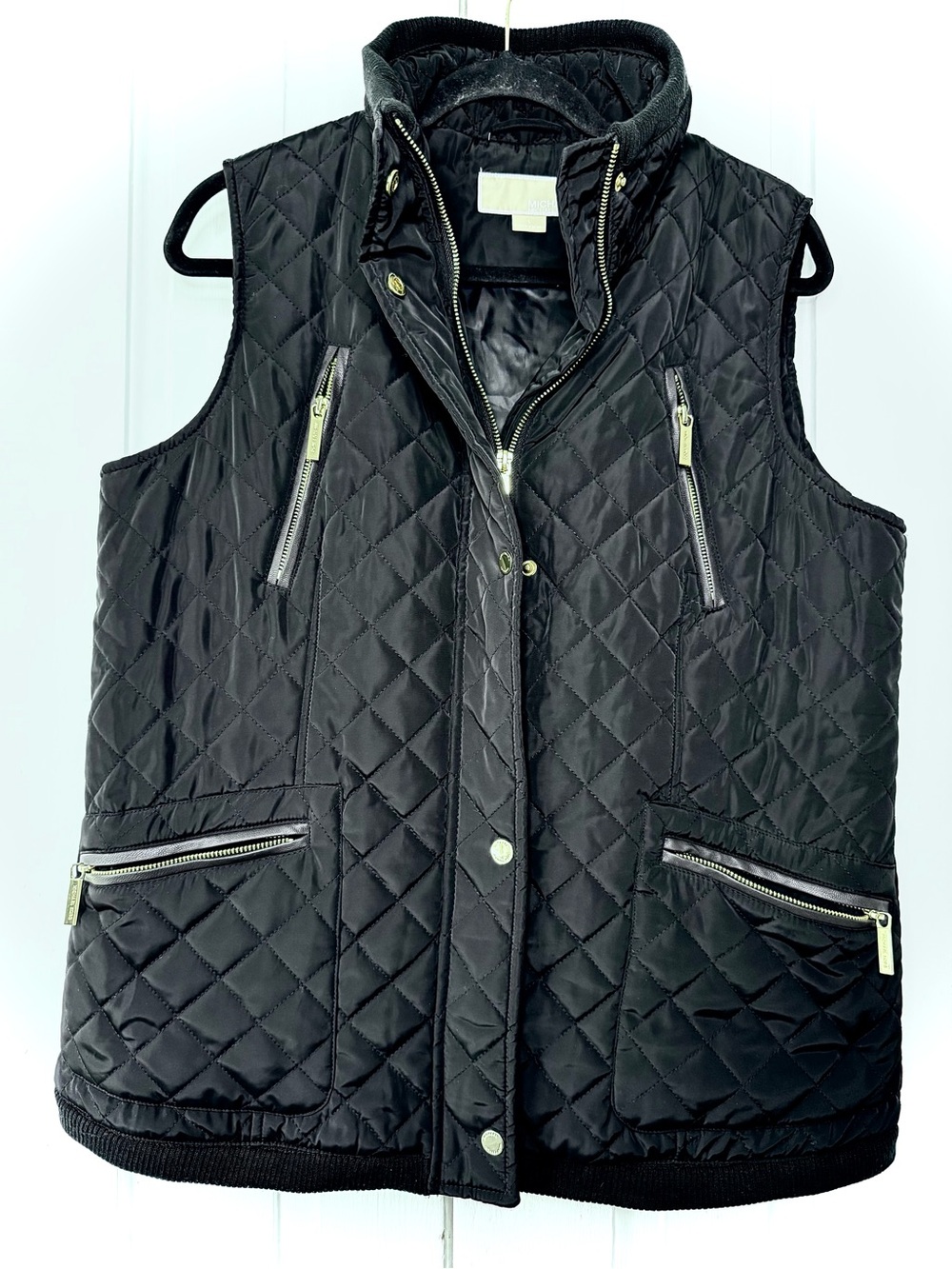 MICHAEL Michael Kors Black Diamond Quilted Vest Faux Leather Trim - Large